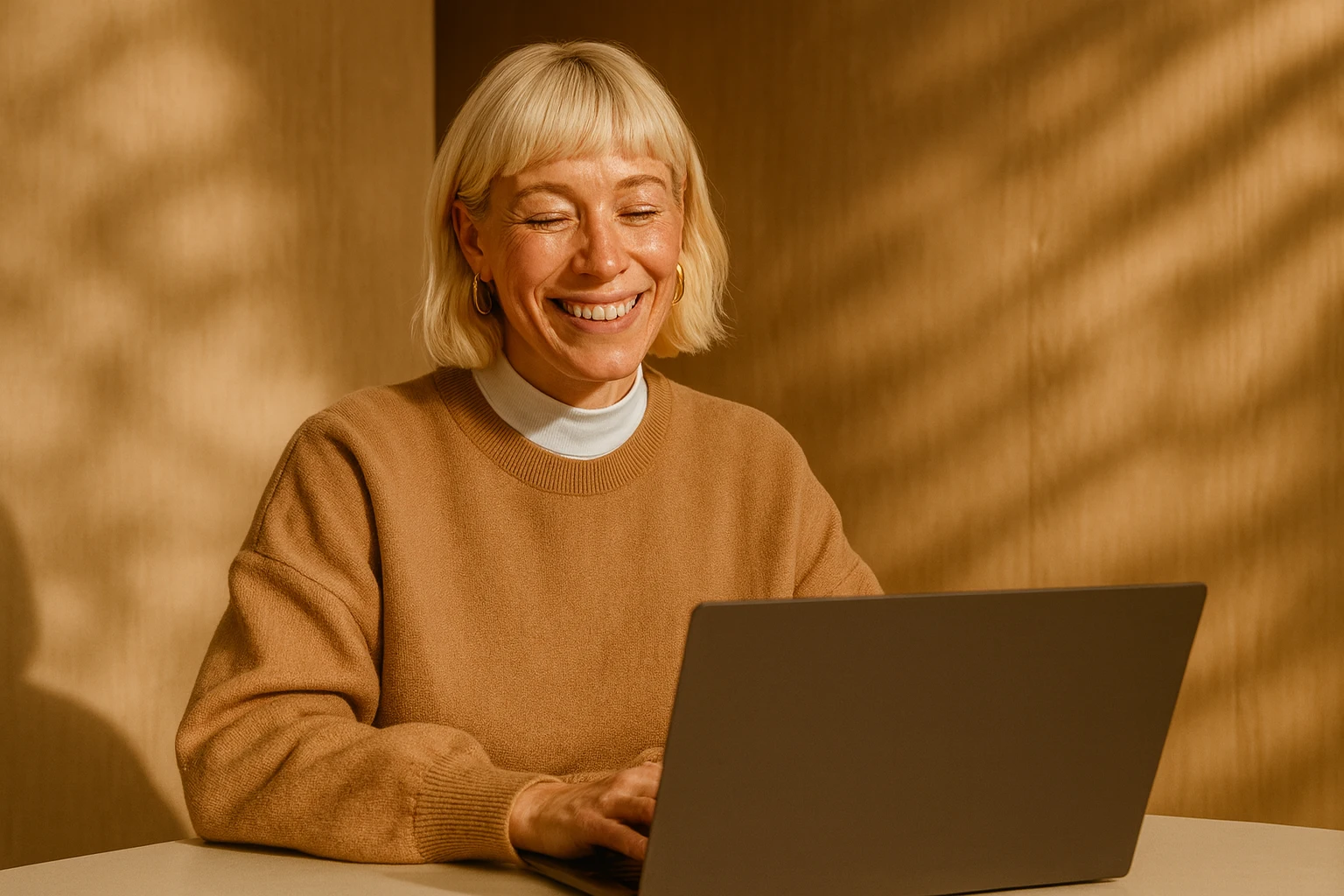 Smiling woman with blonde bob haircut and hoop earrings working on a laptop at a table with warm lighting.