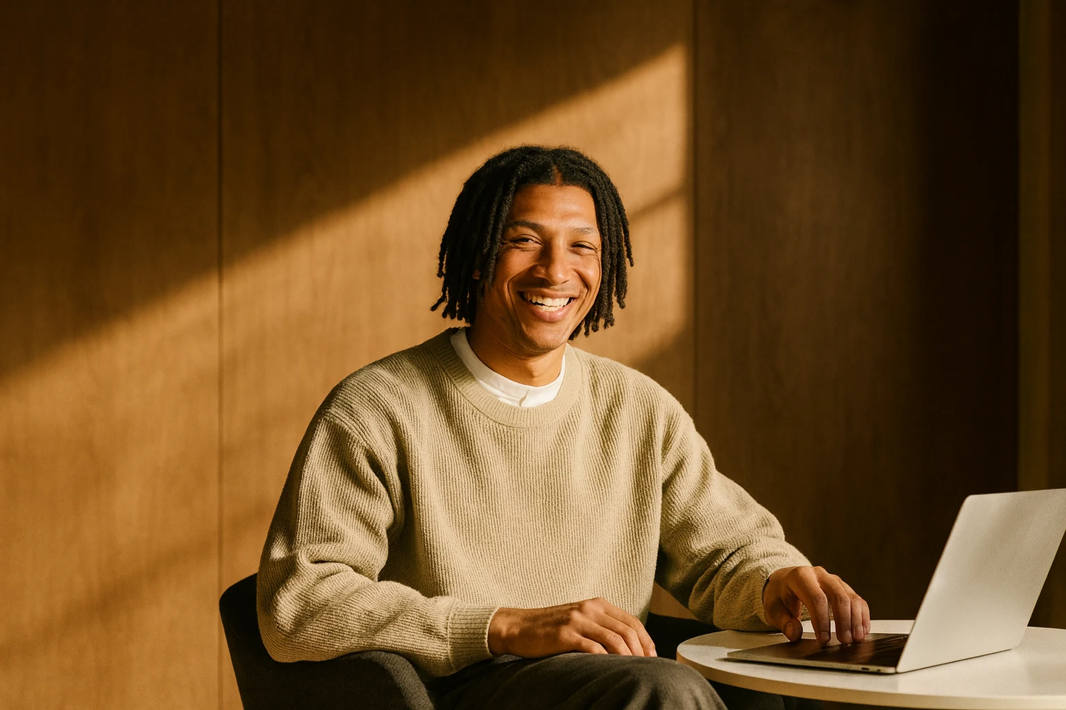 Smiling man with dreadlocks sitting at a round table working on a laptop in warm light.