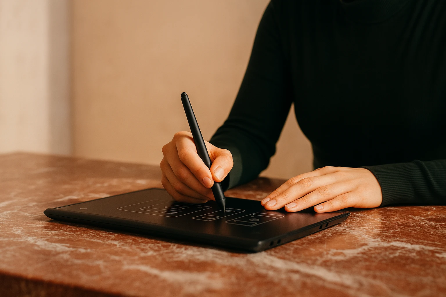 Person using a stylus to draw interface wireframes on a digital tablet on a marble table.