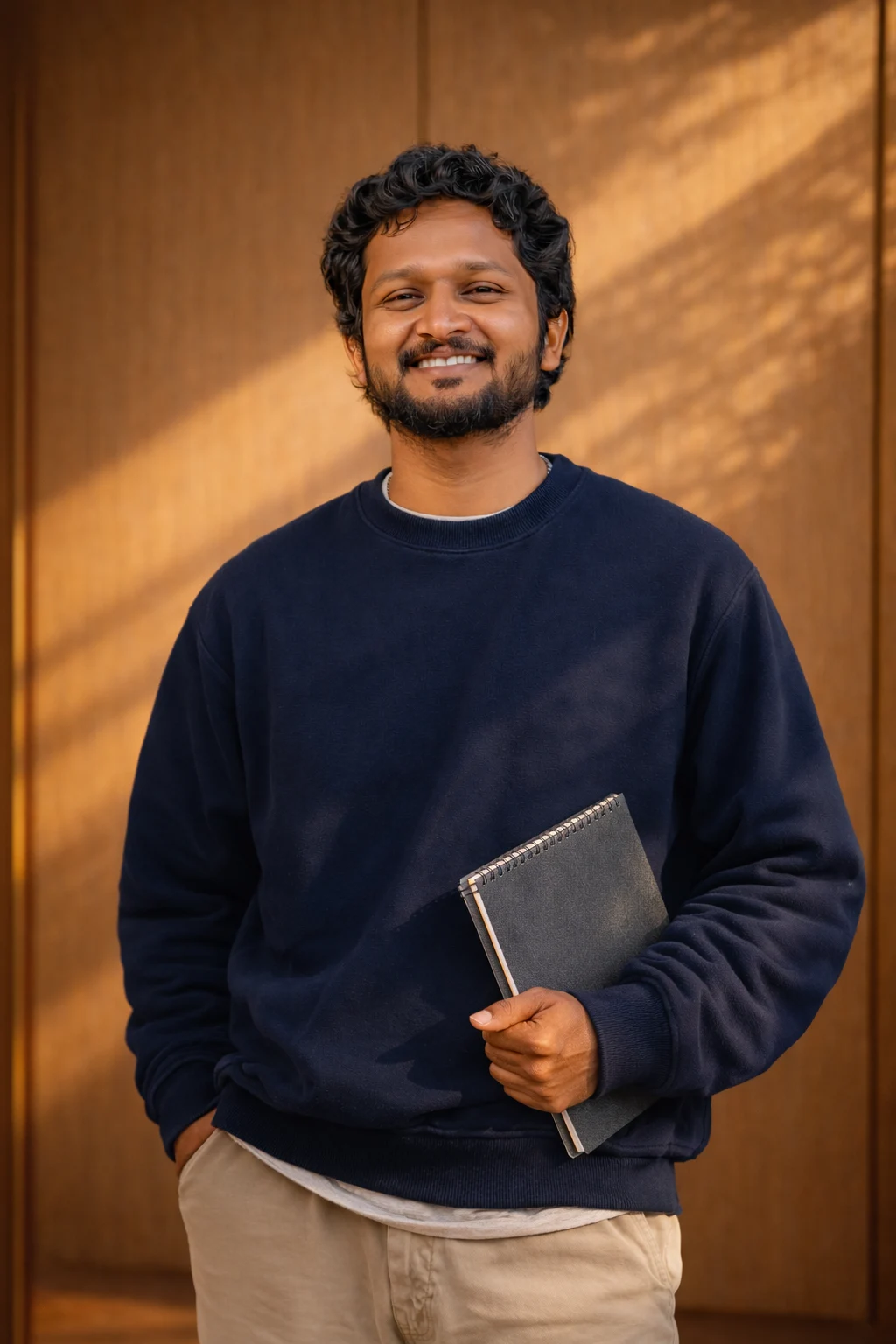 Smiling man with curly hair and beard wearing a navy sweatshirt holding a black notebook.